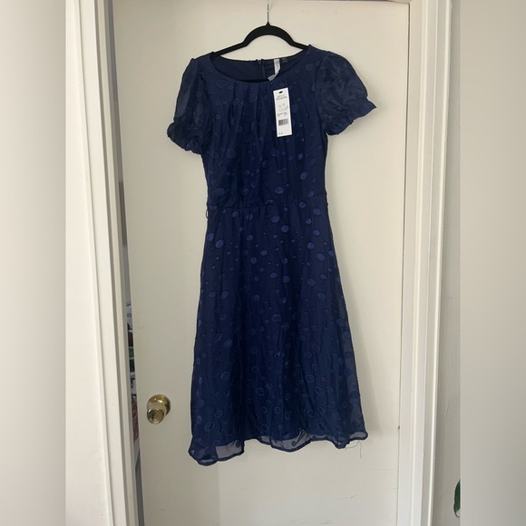 NWT Elegant Navy Blue Dress with Polka Dots size petite small - Picture 1 of 10